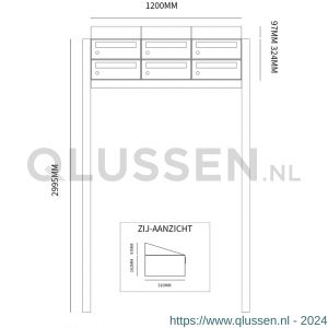 Allux Hive set postkast staal verzinkt gepoedercoat 3-breed 2-hoog met dak op statief zwart 40030070_3x2ds