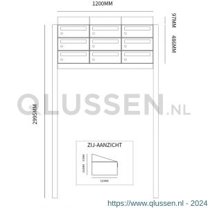 Allux Hive set postkast staal verzinkt gepoedercoat 3-breed 3-hoog met dak op statief antraciet 40030065_3x3ds