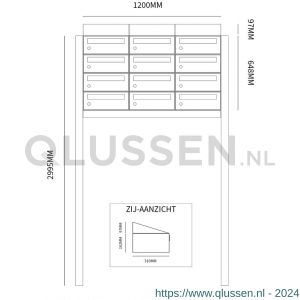 Allux Hive set postkast staal verzinkt gepoedercoat 3-breed 4-hoog met dak op statief zwart 40030070_3x4ds