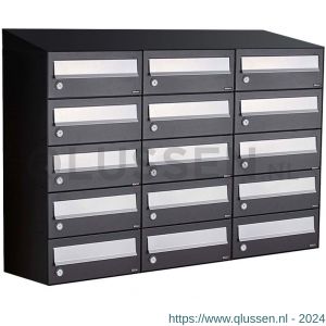 Allux Hive set postkast staal verzinkt gepoedercoat 3-breed 5-hoog met dak zwart 40030070_3x5d