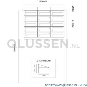 Allux Hive set postkast staal verzinkt gepoedercoat 3-breed 5-hoog met dak op statief zwart 40030070_3x5ds