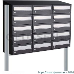 Allux Hive set postkast staal verzinkt gepoedercoat 3-breed 5-hoog met dak op statief zwart 40030070_3x5ds