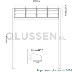 Allux Hive set postkast staal verzinkt gepoedercoat 4-breed 2-hoog met dak op statief zwart 40030070_4x2ds