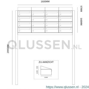 Allux Hive set postkast staal verzinkt gepoedercoat 4-breed 4-hoog met dak op statief antraciet 40030065_4x4ds