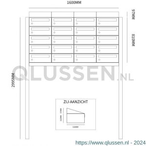 Allux Hive set postkast staal verzinkt gepoedercoat 4-breed 5-hoog met dak op statief antraciet 40030065_4x5ds