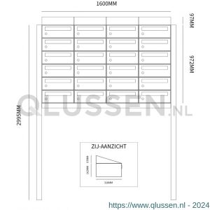 Allux Hive set postkast staal verzinkt gepoedercoat 4-breed 6-hoog met dak op statief antraciet 40030065_4x6ds