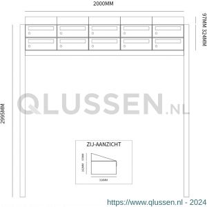 Allux Hive set postkast staal verzinkt gepoedercoat 5-breed 2-hoog met dak op statief antraciet 40030065_5x2ds