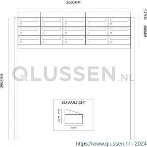 Allux Hive set postkast staal verzinkt gepoedercoat 5-breed 3-hoog met dak op statief antraciet 40030065_5x3ds