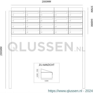 Allux Hive set postkast staal verzinkt gepoedercoat 5-breed 4-hoog met dak op statief antraciet 40030065_5x4ds