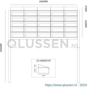 Allux Hive set postkast staal verzinkt gepoedercoat 5-breed 5-hoog met dak op statief antraciet 40030065_5x5ds