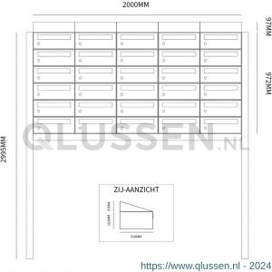 Allux Hive set postkast staal verzinkt gepoedercoat 5-breed 6-hoog met dak op statief antraciet 40030065_5x6ds