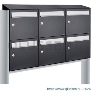 Allux Flow set postkast staal verzinkt gepoedercoat 3-breed 2-hoog met dak op statief zwart 40040070_3x2ds