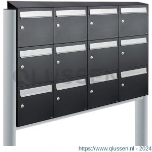 Allux Flow set postkast staal verzinkt gepoedercoat 4-breed 3-hoog met dak op statief zwart 40040070_4x3ds