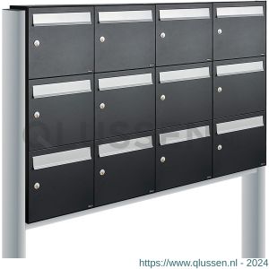 Allux Flow set postkast staal verzinkt gepoedercoat 4-breed 3-hoog op statief zwart 40040070_4x3s