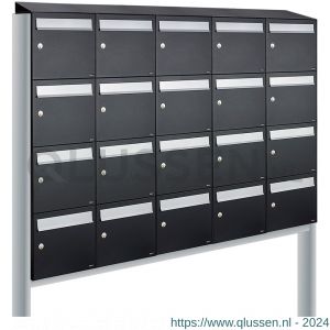 Allux Flow set postkast staal verzinkt gepoedercoat 5-breed 4-hoog met dak op statief zwart 40040070_5x4ds