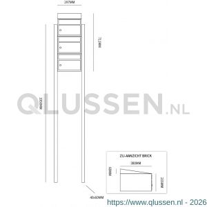 Allux Brickset postkast staal verzinkt gepoedercoat 3-hoog met dak op statief antraciet 40215065_1x3ds