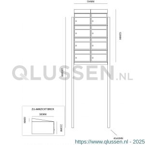 Allux Brickset postkast staal verzinkt gepoedercoat 2-breed 4-hoog met dak op statief antraciet 40215065_2x4ds