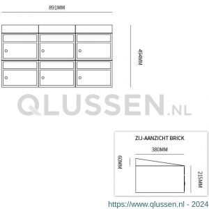 Allux Brickset postkast staal verzinkt gepoedercoat 3-breed 2-hoog met dak antraciet 40215065_3x2d