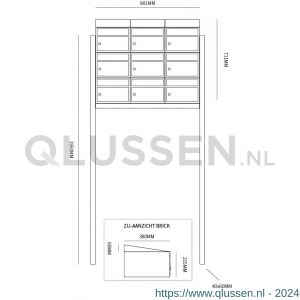 Allux Brickset postkast staal verzinkt gepoedercoat 3-breed 3-hoog met dak op statief antraciet 40215065_3x3ds