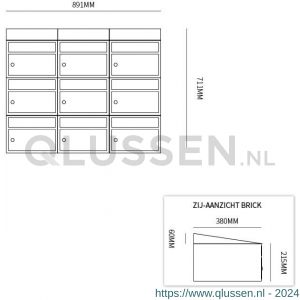 Allux Brickset postkast staal verzinkt gepoedercoat 3-breed 3-hoog met dak antraciet 40215065_3x3d