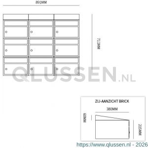 Allux Brickset postkast staal verzinkt gepoedercoat 3-breed 3-hoog met dak zwart 40215070_3x3d