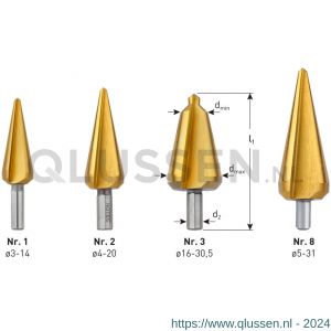 Rotec 420T HSS conische plaatboor Splitpoint nummer 8 5,0-31,0 mm TIN gecoat 420.1008